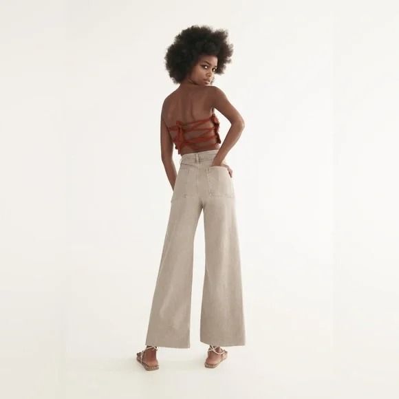 Zara High-Rise The Marine Straight Wide Leg Raw Hem Tan/Cream 6 - Picture 3 of 9